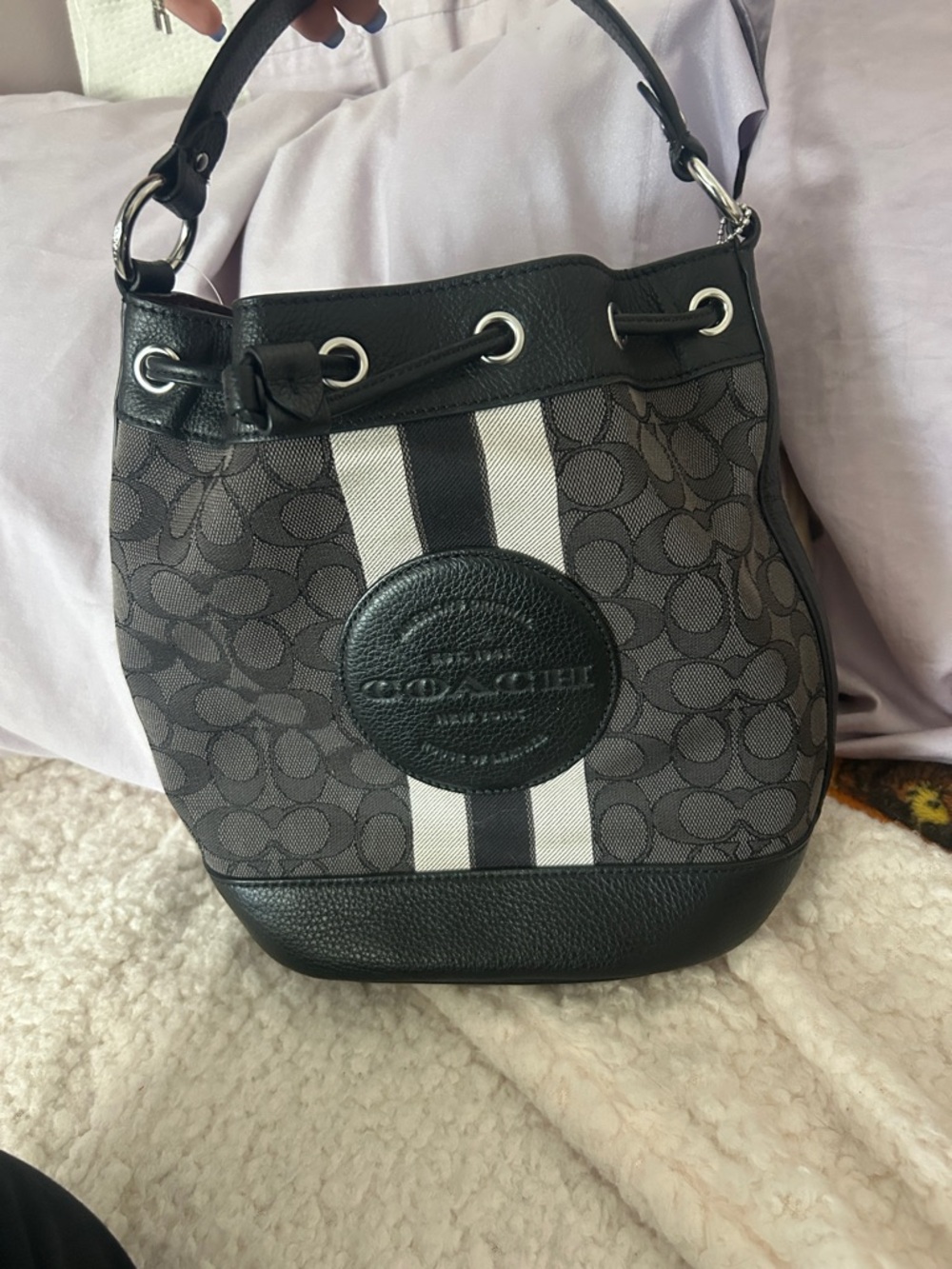 Coach Gray and Black Signature Stripe Drawstring Bucket Shoulder Bag
